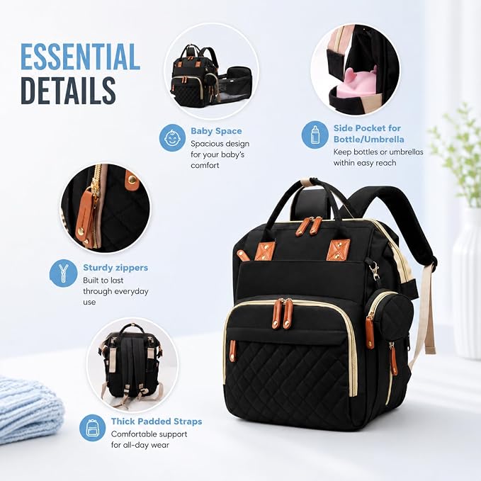 Baby Diaper Backpack with Changing Pad, Waterproof, USB Port, Large Capacity (Black)