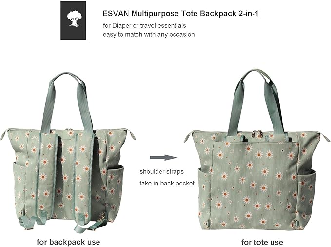 ESVAN Diaper Tote Bag Totepack Backpack 2 in 1 for Women Multifunctional Large Capacity with Insulated Pockets Travel | Multifunctional