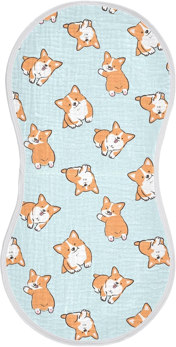 Muslin Baby Burp Cloths Set of 1, Soft Cute Corgi Dog Absorbent Muslin Washcloths, Bibs, Face Towel for Newborn Boys Girls, 22 x 11 Inch