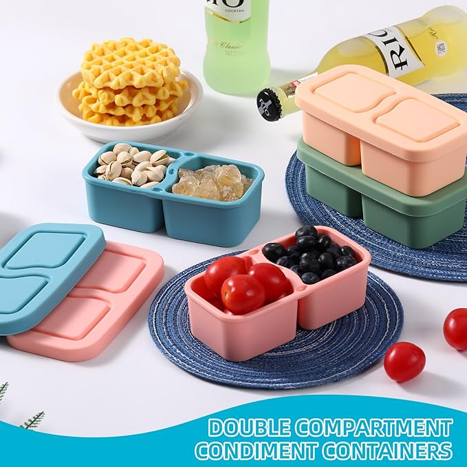 4 Pack Silicone Snack Containers with Lids, 6.8 Oz Double Compartment Food Storage Containers for Picnic, School, Office, Travel Meal Prep and Kitchen Storag