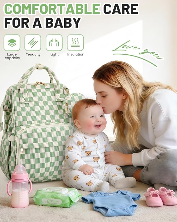 Corduroy Diaper Bag Backpack, Large Capacity Multifunction Baby Diaper Bags for Women, Insulated Bottle Pockets & Pacifier Case, Stylish Travel Nappy Changing Bags for Mom Dad (Checkered Green)