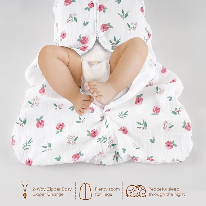 david's kids Muslin Cotton Baby Sleep Sack 0-6 Months, 2 Pack 100% Cotton Sleeping Bag for Summer, TOG 0.5 Baby Wearable Blankets with 2-Way Zipper, Soft Sleep Sacks for Newborn Infant, Floral