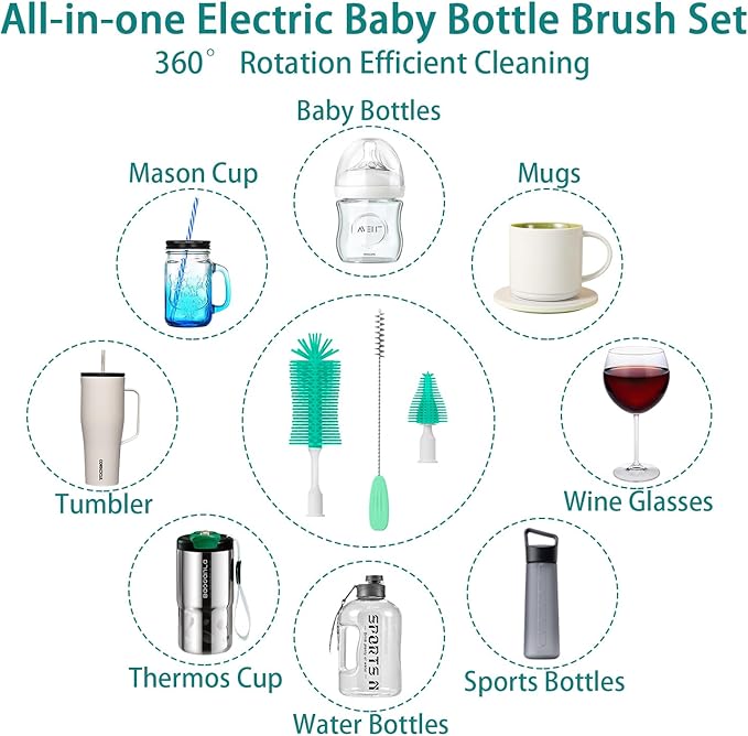 Electric Bottle Brush Cleaner, Portable Rechargeable Baby Bottle Cleaner Kit for Travel with Silicone Nipple & Straw Brush, Drainage Rack, Storage Box(Green)