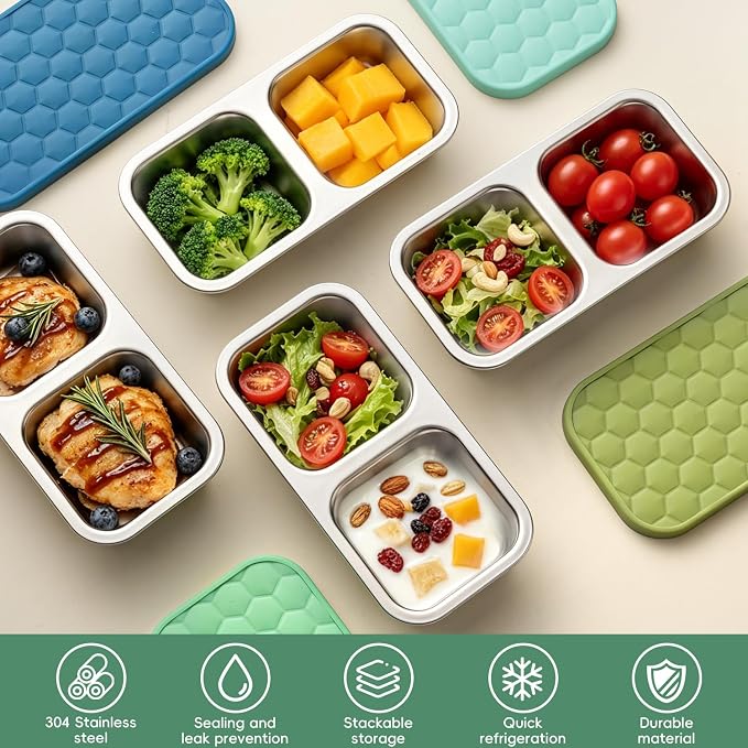 Tanjiae 10 oz Stainless Steel Snack Box for Kids & Toddlers, Multi-Compartment Small Leak Proof Food Containers with Silicone Lids - Reusable Metal Bento Box for Daycare, School, Travel, Camping