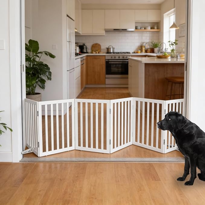 Dog Gate Indoor, Freestanding Dog Fence for The House, Doorways, Hallways,or Stairs,Pet Gate Foldable Wooden,Expandable 24" Height 6 Panels,White