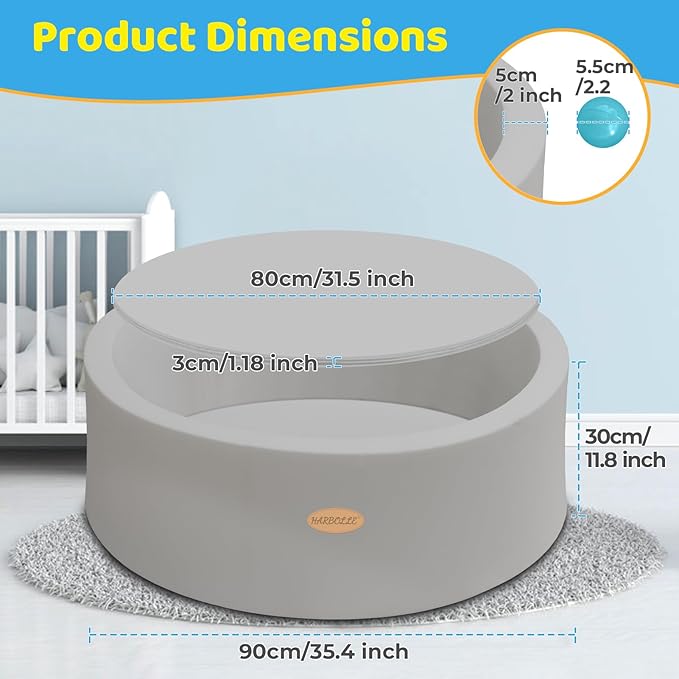 HARBOLLE Baby Ball Pit 35.4" Soft Round Memory Foam Ball Pits NOT Included Balls Indoor Outdoor Playpen for Babies Toddlers Kids Great Gift for Girls Boys, Gray