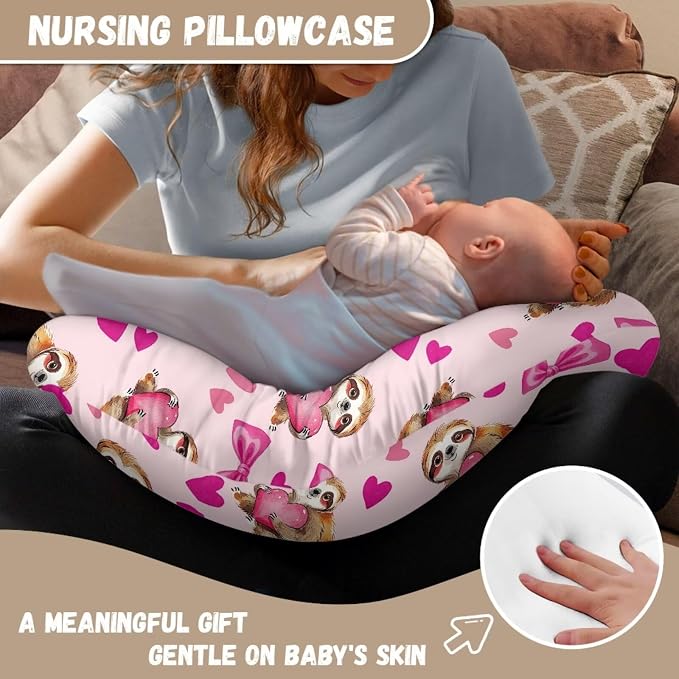Forchrinse Sloth Love Heart Nursing Pillow Cover for Girls Princess Nursing Pillow Slipcover for Breastfeeding Moms