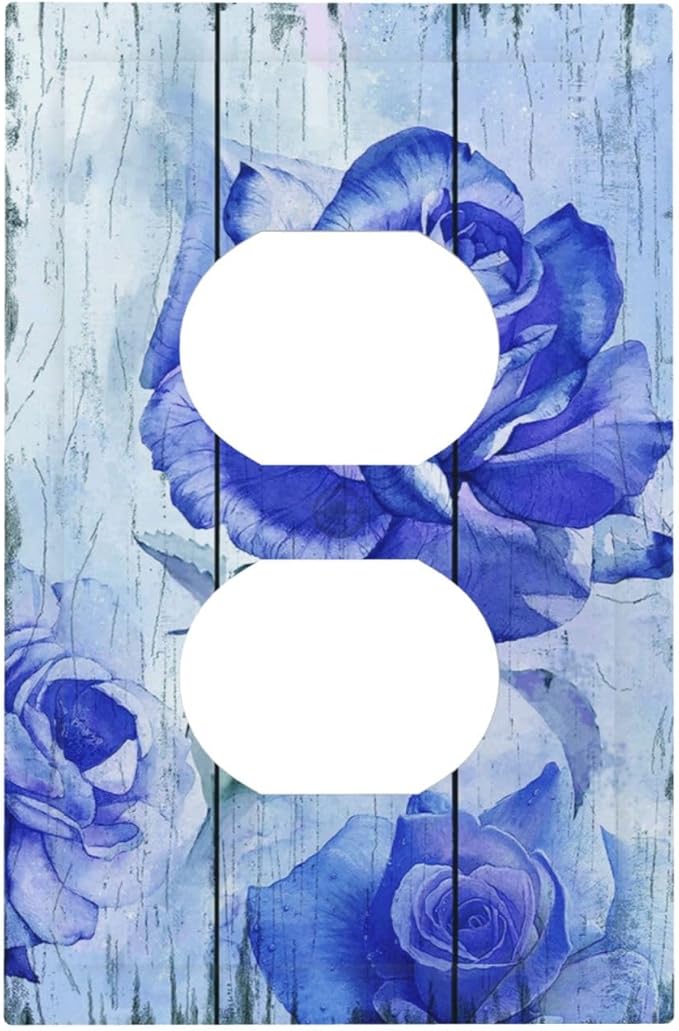 Blue Rose Flower Rustic Wood Plank Floral Outlet Covers 1 Gang Duplex Light Switch Cover Decorative Switch Plates Electrical Receptacle Faceplate Wall Plate for Farmhouse Home Decor