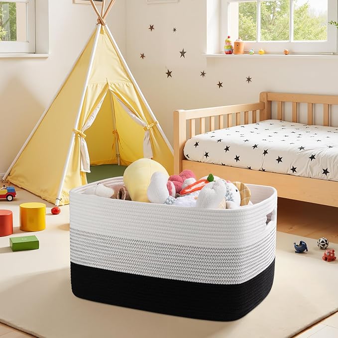 OIAHOMY Large Blanket Basket, 22?�x17?�x12??Rectangle Woven Baskets, Nursery Blanket Storage Living Room, Toy Storage With Handle, Large Baskets for Organizing-Gradient Black