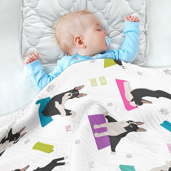 Ollabaky Cute Yoga Dogs Boston Terrier Baby Blanket for Boys Girls Cotton Throw Blanket Swaddle Blanket for Crib Stroller Nursery Receiving Blanket Infant Toddler Unisex 30"x40"