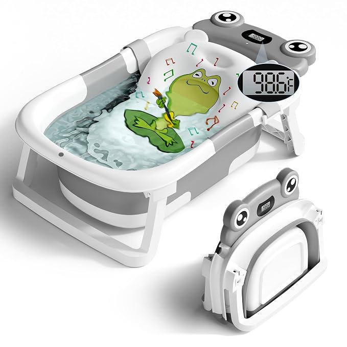 BUNWAG Baby Bathtub, Collapsible Newborn Bathtub for Infant to Toddler with Soft Cushion and Thermometer,Portable Travel Newborn Tub with No-Slip Feet, Baby Shower Gifts, 0-12 Months Baby Bath, Grey