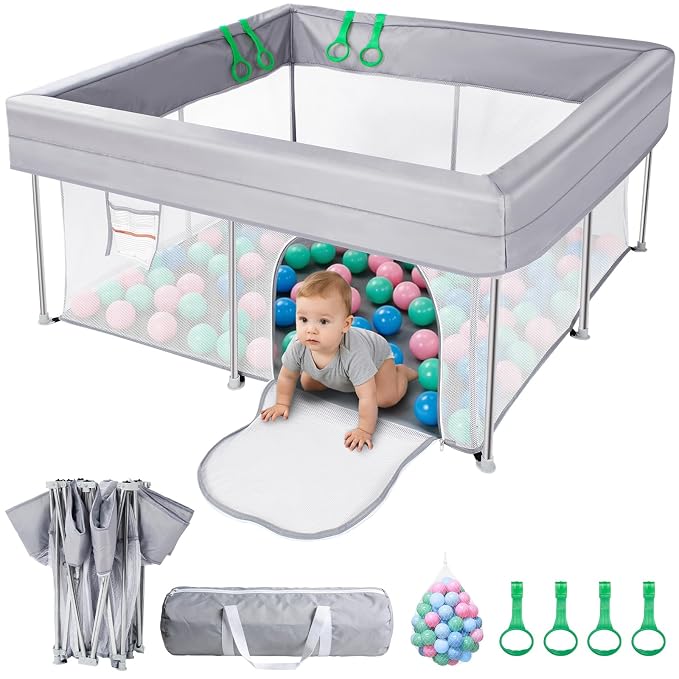 Foldable Baby Playpen, 50"×50" Collapsible Play Yard for Babies and Toddlers, No Assembly Required, Kids Safety Play Area with 4 Handles, 50 Balls and Visible Mesh, (Grey, 50x50 Inch)