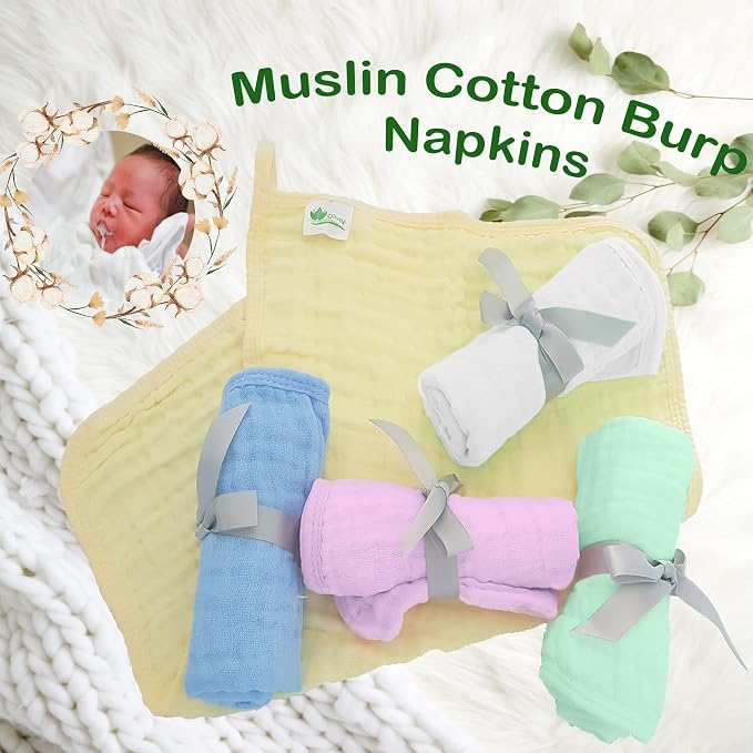 Muslin Baby Burp Cloths, 100% Muslin Cotton Burp Napkins for Newborn Girls and Boys, Absorbent Soft Muslin Baby Burping Rags 10' by 20', 6 Layers Infant Feeding Wipes (Multicolored, Pack of 5).
