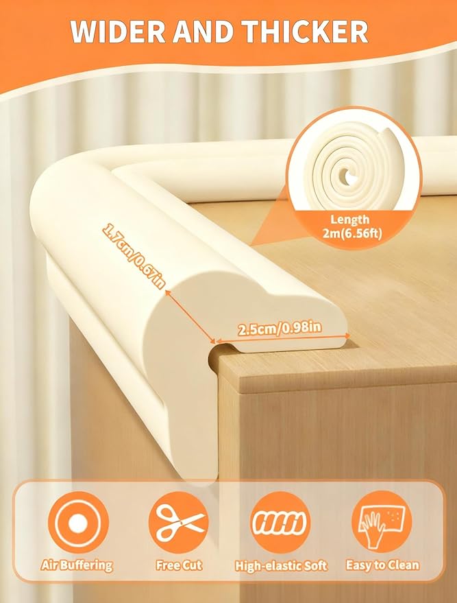 Edge Protector for Baby Proofing, 6.6FT 0.67?™’Th L-Shape Air Buffering Soft NBR Rubber Foam Furniture Edge Bumper Guards with 6 Corners, Pre-Taped, Thick Table Bumper Guard for Babies (Beige)