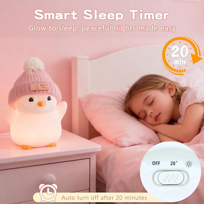 FAMIDUO Penguin Night Light, Cute Pink Penguin Lamp with Knit Hat, Soft Silicone Nursery Nightlight for Baby, Rechargeable/Dimmable/Timer,LED Squishy Novelty Animal Bedside Lamp,Funny Gifts for Kids