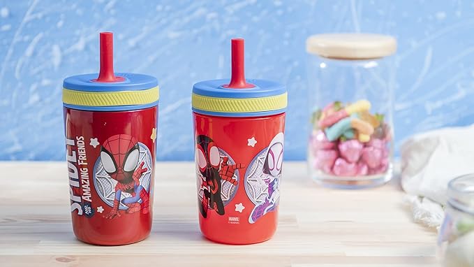 Zak Designs Spidey & His Amazing Friends Kelso Tumbler Set, Leak-Proof Screw-On Lid with Straw, Bundle for Kids Includes Plastic & Stainless Steel Cups with Bonus Sipper, 3pc, Non-BPA (Pack of 12)