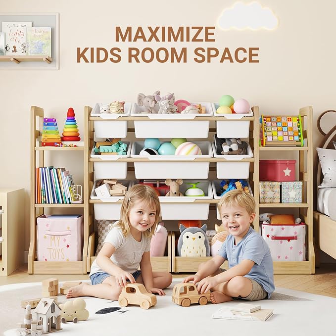Kids Toy Storage Organizer with Bookshelf, Wooden Toy Shelf with 6 Shelves and 9 Bins and 2 Wheeled Drawers, Extended Base Storage Cabinet for Playroom, Kids Room, Nursery Organization