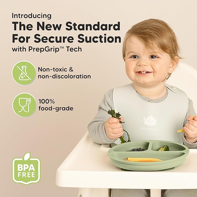 KeaBabies Suction Plates for Baby, Toddler - 3-Pack 100% Silicone Toddler Plates with Suction, Divided, BPA-Free Baby Led Weaning Essentials for Kids, Dishwasher, Microwave Safe, Durable (Sage)
