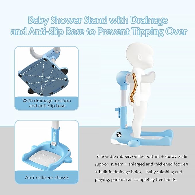 Foldable Baby Shower Stand, Toddler Shower Stand with Anti-Slip Base & Anti-Pinch Silicone, Baby Shower Standing Support 6-36 Months,Baby Stand Up Shower |Soporte para Bañera de Bebé (Blue Whale)
