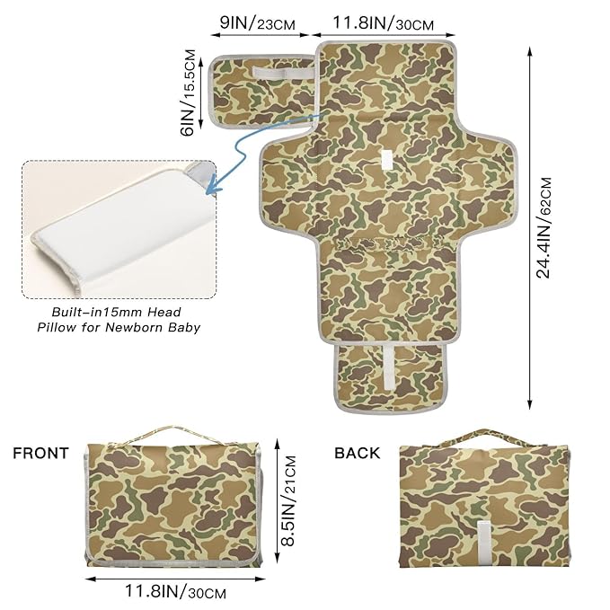 Camouflage Portable Diaper Changing Pad with Wipes Holder, Vintage Camo Green Foldable Baby Diaper Changer Travel Bag Retro Brown Army Baby Changing Mat with Built-in Pillow for Newborn