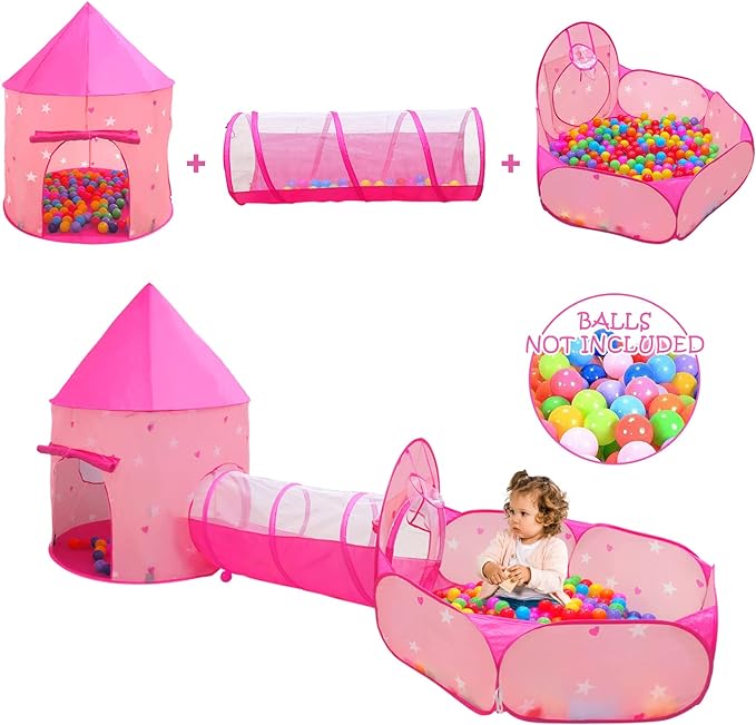 3PC Princess Tent for Girls with Kids Ball Pit, Kids Play Tents and Crawl Tunnel for Toddlers, Pink Pop Up Playhouse Toys for Baby Indoor& Outdoor Tent Games (Pink Tent with Stars 3pc)