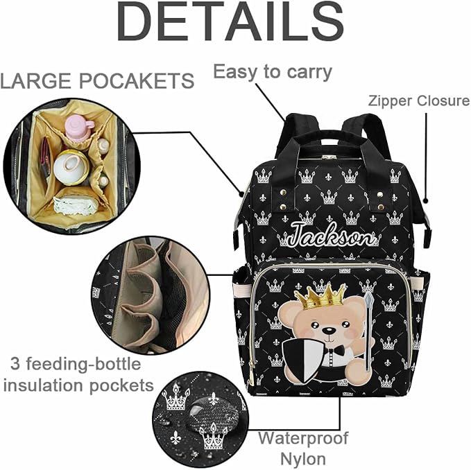 M YESCUSTOM Baby Diaper Bag Custom Name Personalized Crown Diaper Bag with Cartoon Prince Bear Suits for Women Travel Outdoor Use Black