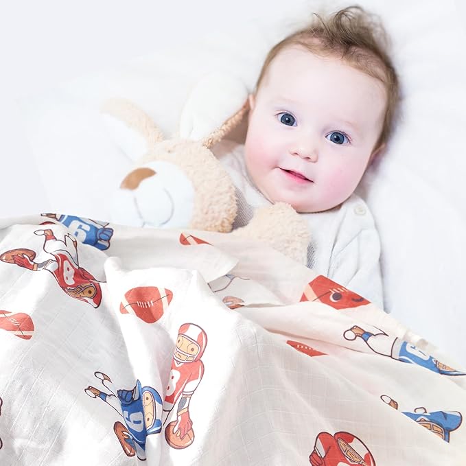 Muslin Swaddle Blankets for Newborn, 4 Pack Large 47"x47" Soft Breathable Bamboo Cotton Baby Blanket, Lightweight Receiving Blanket for Boys and Girls, Sports Collection
