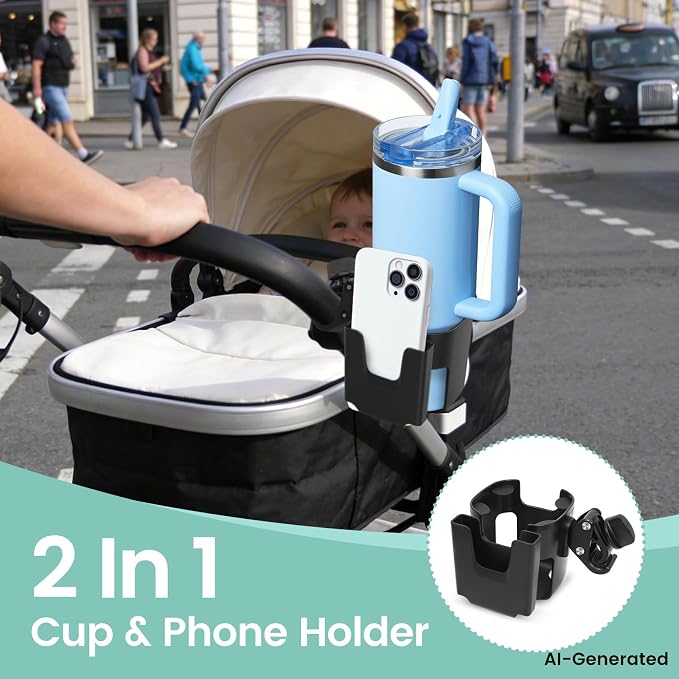 Universal Big Size 2-in-1 Cup & Phone Holder for Stroller Walker Wheelchair, Adjustable Clip On Attachment for Bike Scooter Rollator, Compatible with Nuna Uppababy Graco Doona Baby Travel Gear