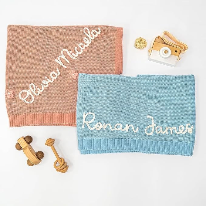 Luxury Personalized Name Baby Blanket, Hand-Embroidered Name Baby Blanket, Soft Breathable Cotton Knit Kids Blankets, Newborn Kid Gift, New Mom Gifts, Newborn Kids Girl & Boy Gift 1