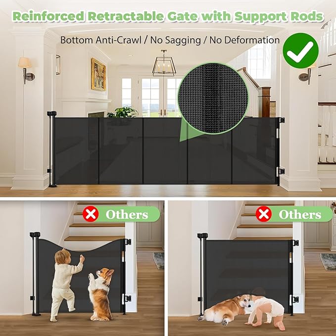 Reinforced 120 Inch Retractable Baby Gates Extra Wide Dog Gate with Support Rods ??Prevent Crawling Under, 10 Feet Extra Long Baby Gates for Large Openings, Indoor/Outdoor Retractable Dog Gate, Black