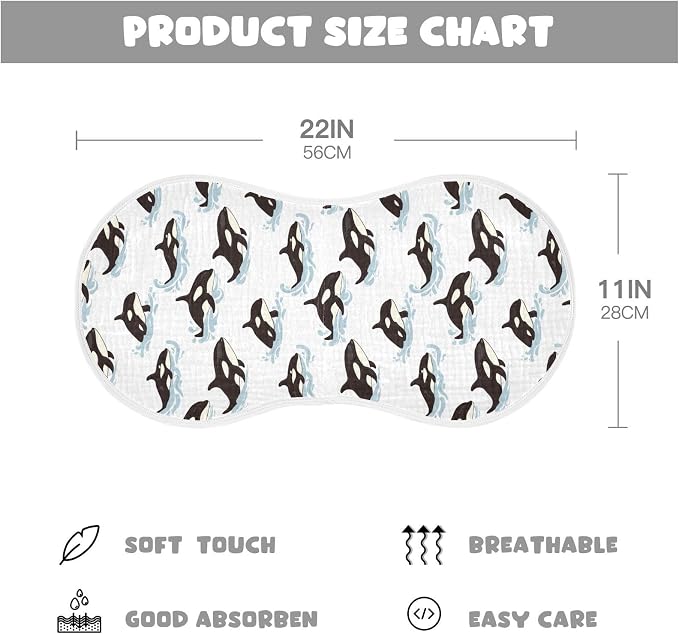 Muslin Burp Cloths for Baby Boys and Girls - 4-Pack Ultra Absorbent Killer Whale Orca Muslin Washcloths, Newborn Towel, Milk Spit Up Rags, Burp Cloth Bib for Unisex, 22 x 11 Inch