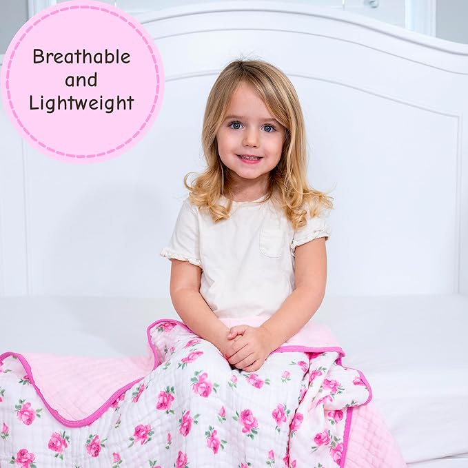 LollyBanks Muslin Baby Quilt, 100% Organic Cotton 6-Layer Soft Baby Blanket for Girls, Large 47 x 47 Inches Infant Receiving Blanket, Durable Toddler Quilt, Cozy Newborn Blankets (Rosebud Print)