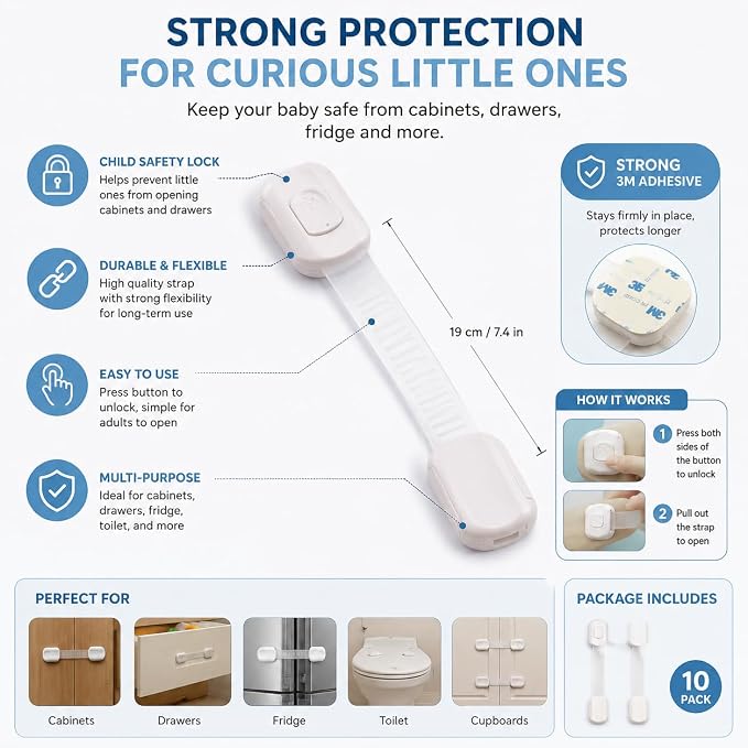 Baby Safety Locks for Cabinets & Drawers (10 Pack) – Child Proof Cabinet Locks with Strong 3M Adhesive, No Drill Safety Latches for Kitchen, Bathroom, Fridge & Cupboards