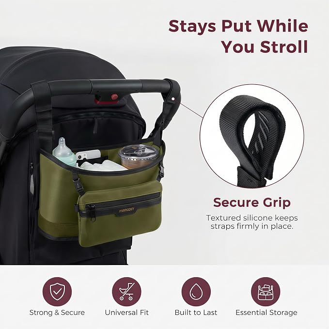 Momcozy Universal Stroller Organizer, Slim Stroller Caddy with 2 Insulated Cup Holders, Non-Slip Silicone Straps, Detachable Mini Pouch, Dense-Weave Parent Console for UPPAbaby, Doona, Graco & More