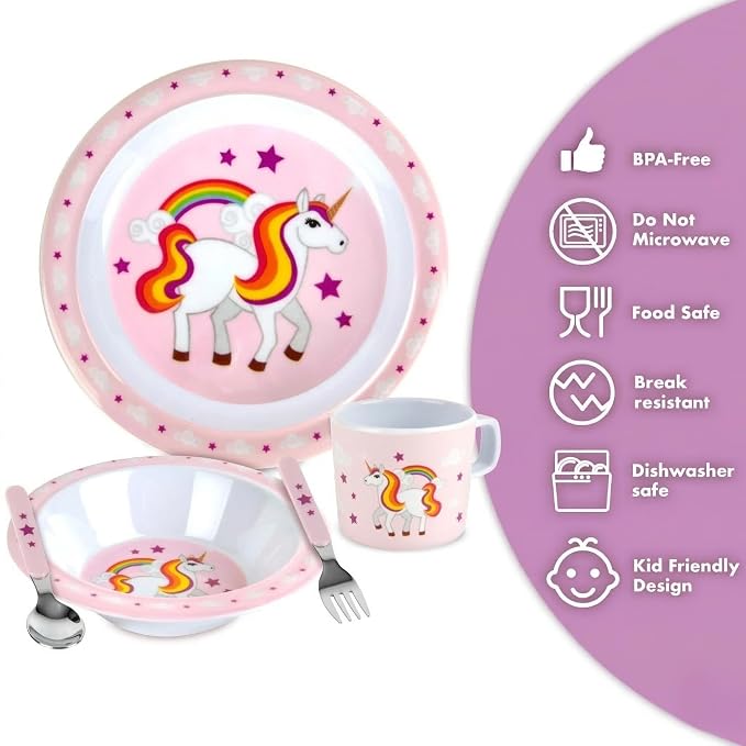 Bentology 5 Pc Mealtime Set for Kids - Unicorn Theme - Includes Raised Edge Plate & Bowl, Cup, Fork & Spoon- Dishwasher Safe, BPA Free- Cute Durable Dish, Easy Self-Feeding- Gift for Toddlers