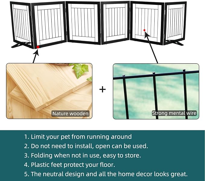 Dog Fence Indoor - 6-Panel Freestanding Dog Gate for Doorways, Hallways, House or Stairs -120x24-Inch Retractable Foldable Expandable Wood Pet by SFJC (Black)