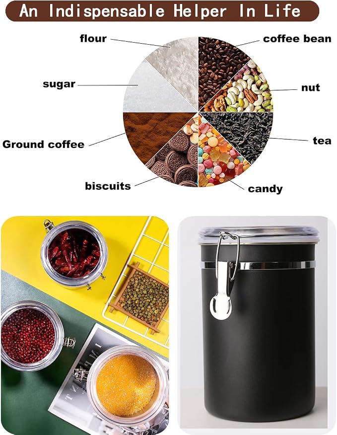 Walktosun Stainless Steel Food Container with Clear Lids Airtight Storage Container Small Canisters Kitchen Pantry Storage for Cereal, Snacks, Candy, Herbs, Spices, Sugar, Tea (1.8L Dark Black)