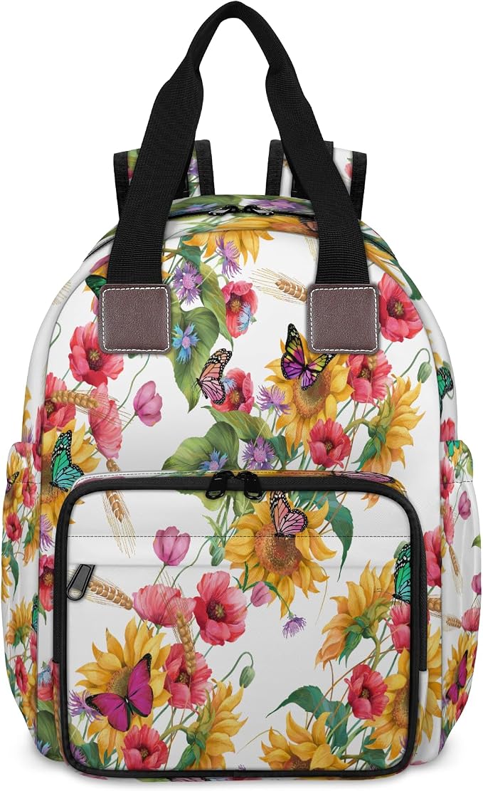 Butterfly Sunflower Flowers Diaper Bag Backpack-Multi-functional mother and baby bag Thermal compartment USB charging port Large capacity Multi-pocket organizer Stroller can be hung Travel shopping