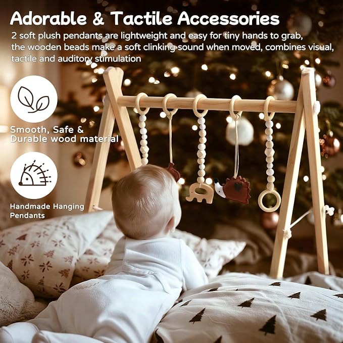 Wooden Baby Play Gym with Apple & Leaf Print Play Mat, Baby Gym with 5 Sensory Toys, Foldable Baby Activity Center Play Gym Frame for Newborn Infant Shower Gift
