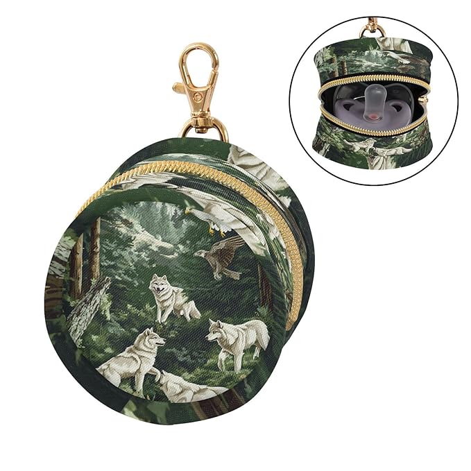 Pacifier Holder with Clip Pacifier Case for Diaper Bag Round Baby Pacifier Pouch Box Bag Portable Wolves and Eagles Green Forest
