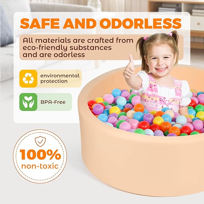 Soft Foam Ball Pit for Kids and Toddlers, Round Ball Pool with 36 x 12 Inches, Ideal Gift Toy for Children - (Balls Not Included) - Beige