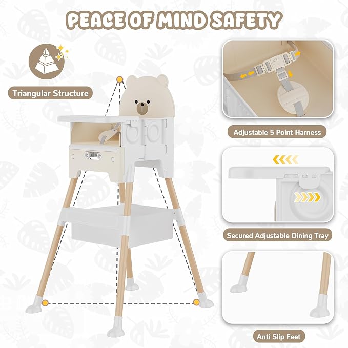 Baby High Chair 3 in 1 High Chairs for Babies and Toddlers Bear Toddler Chair Adjustable Height Highchair with Bib and Storage Bag for Baby Convenient Comfortable Feeding（Beige）