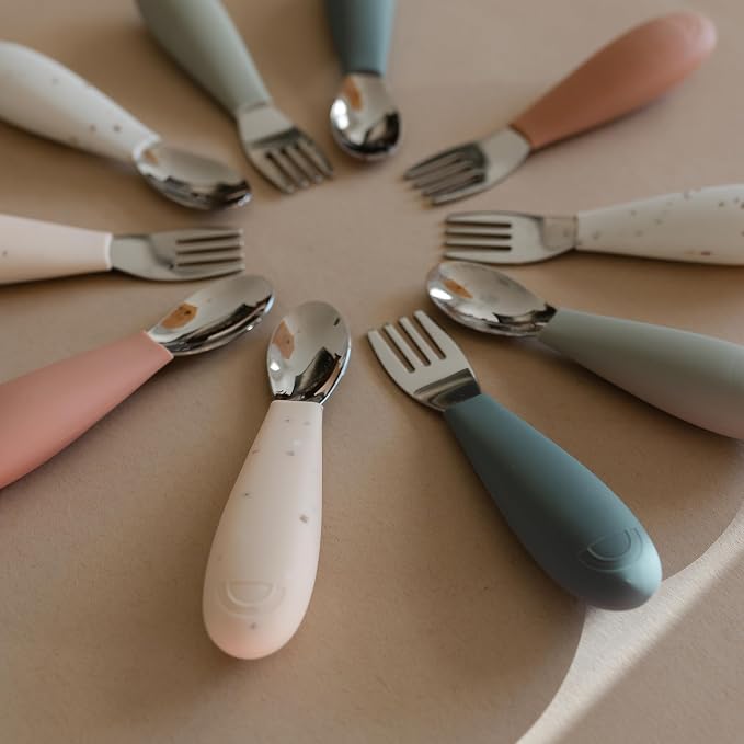 Yeah Baby Goods Silicone Toddler Fork & Spoon (Jade) - Easy Grip, Stainless Steel Kids Cutlery Set - Dishwasher Safe, Food Grade Silicone Silverware for Babies - Self-Feeding Toddler Utensils Set