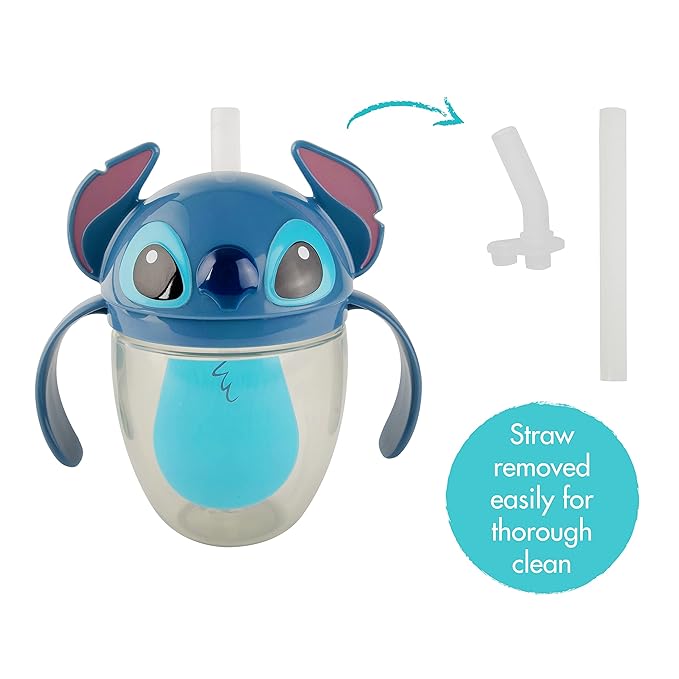 The First Years Disney Stitch Weighted Straw Cup - Spill Proof Toddler Straw Cups with Flip Top Cover - Transition Sippy Cups - Toddler Feeding Supplies - 7 Oz - Ages 6 Months and Up