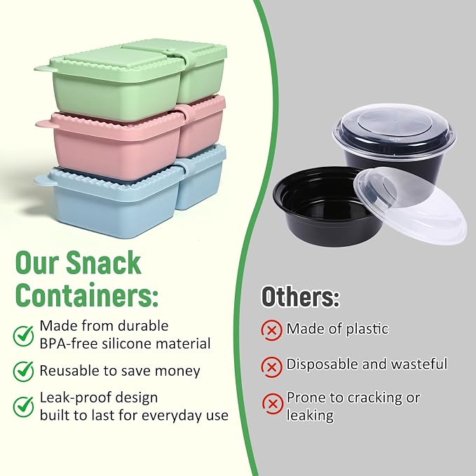 3Pack Silicone Snack Containers with Lids，2 Compartment Mini Leakproof Food Storage Box for Salad Dressing, Sauces, Travel, Picnic, Office (Lightweight and Convenient,8oz)