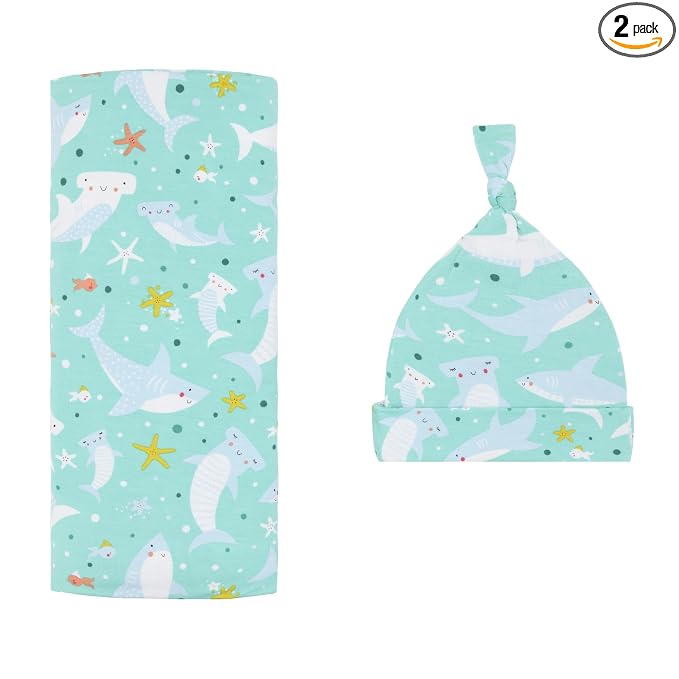Little Sleepies Swaddle & Hat Set, Baby Swaddles Newborns, Soft Viscose from Bamboo Swaddle Blanket Wrap (Shark Soiree)