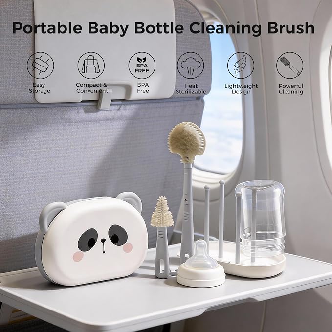 Portable Bottle Brush Set - Baby Travel Bottle Cleaner Kit with Silicone Brush, Nipple Brush, Straw Brush, Soap Dispenser, Drying Rack - Bottle Cleaning Kit for Home and Travel Essential (Panda)