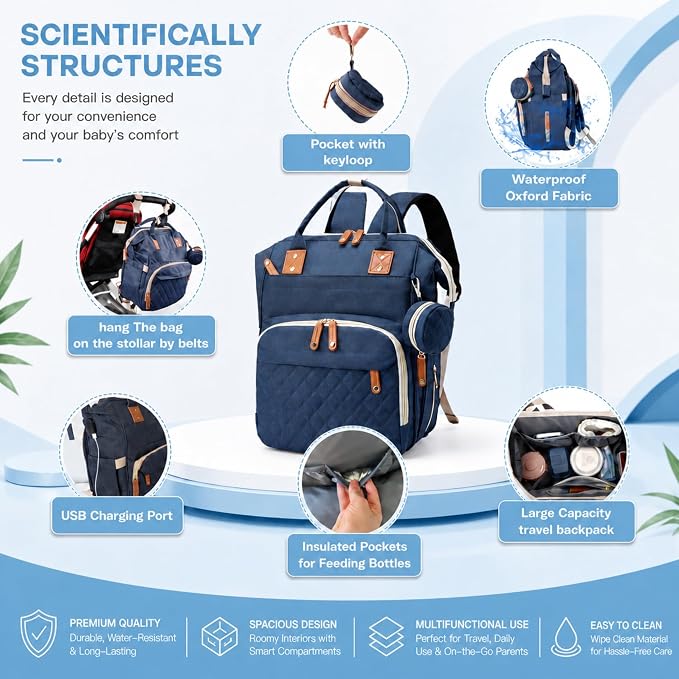 Baby Diaper Backpack with Changing Pad, Waterproof, USB Port, Large Capacity (Blue)