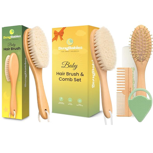 Baby Hair Brush & Comb Set for Newborns - Gentle Goat-Hair & Bamboo Bristle Hairbrushes with Easy Grip Wooden Handles - 7-Pack Baby Brush Set with a Cotton Travel Pouch - Gifts for Boys & Girls