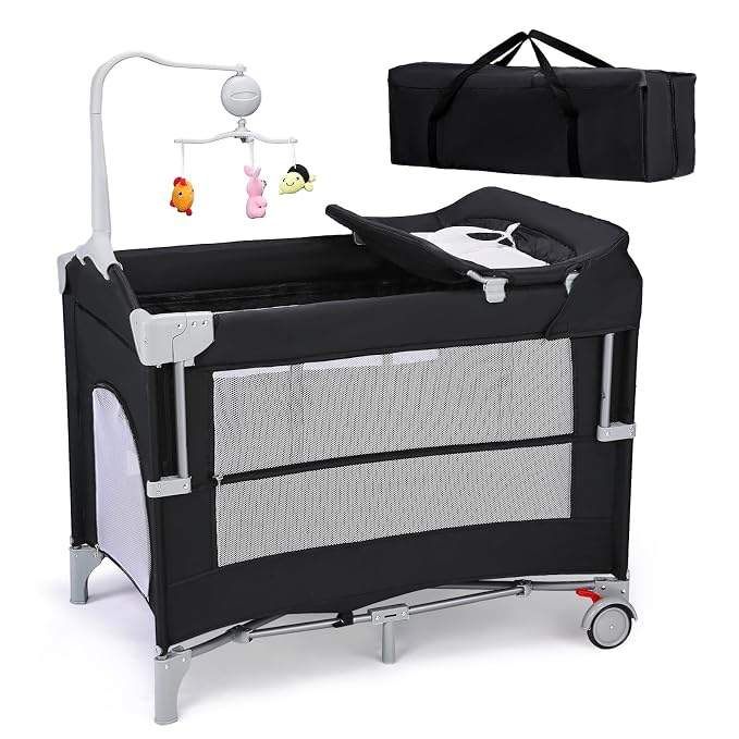 JOYMOR 5-in-1 Pack and Play with Bassinet and Changing Table, Lightweight Travel Crib, Foldable Baby Playard, Waterproof Changing Top, Carry Bag & Wheels